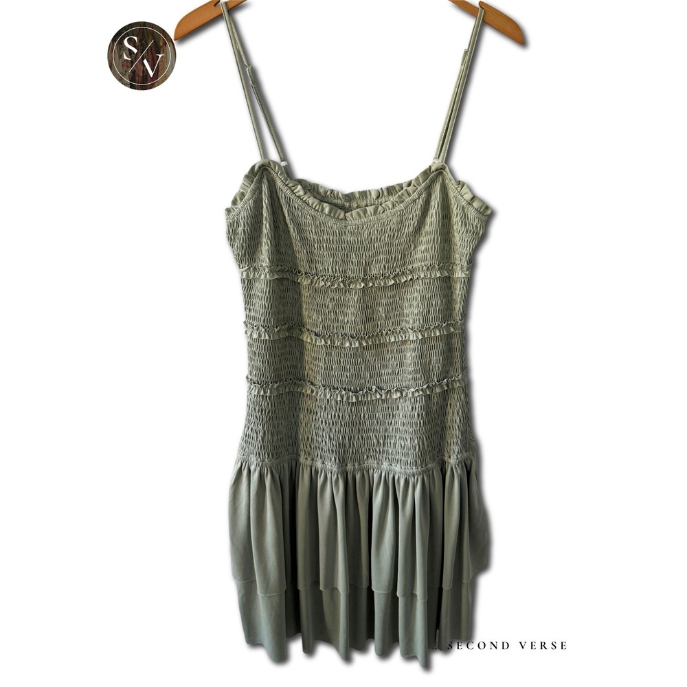 Smocked Ruffle Mini Dress Women Coquette Fairycore Sage Green Small